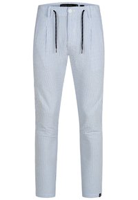 Pantalones de rayas azul claro y blancos, fabricados en un tejido suave. Cuentan con una cintura ajustable y dos bolsillos frontales. Diseño de corte ajustado.