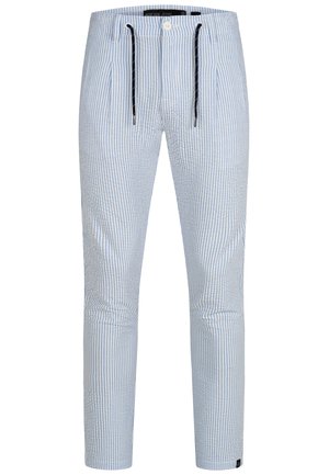 Vaaleansiniset ja valkoiset raidalliset housut, jotka on valmistettu pehmeästä kankaasta. Varustettu kiristettävällä vyötäröllä ja kahdella etutaskulla. Slim fit -mallinen muotoilu.