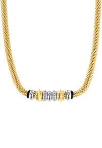 Gouden, geweven ketting met schakels die afwisselend metalen ringen bevatten, inclusief zilveren en gouden accenten, en delicate kristallen versieringen.