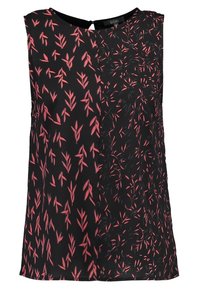 Zwarte mouwloze top met een opvallend bloemenpatroon in roze, een subtiele glans en een keyhole detail op de achterkant. Lichtgewicht stof.