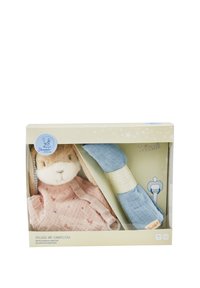 Soft toy bunny in pink fabric with white trim, paired with a blue muslin cuddle cloth, packaged in a clear box with a light green background.