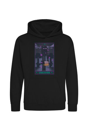 Sort hættetrøje med en pixeleret Enderman-karakter, der holder en blok med glødende lilla partikler og ordet "ENDERMAN" nedenunder.