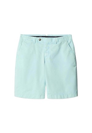 Jasnoniebieskie szorty wykonane z bawełny, z zapięciem na guzik, dwoma bocznymi kieszeniami oraz gładką fakturą. Brak widocznych wzorów lub akcentów.