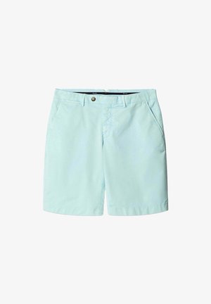 Pantaloni corti azzurri realizzati in cotone, con chiusura a bottone, due tasche laterali e una texture liscia. Nessun motivo visibile o dettagli.