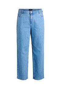 Hellblaue Jeans aus Denim mit gerade geschnittenem Design, fünf Taschen und Knopfverschluss. Verfügt über eine leicht verwaschene Textur und genähte Details.