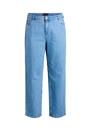 Jean en denim bleu clair avec une coupe droite, cinq poches et une fermeture à bouton. Présente une texture légèrement délavée et un détail cousu.