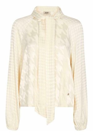 Cremefarbene Langarmbluse mit dezentem Hahnentrittmuster, hohem Kragen mit angenähter Krawatte und elastischen Bündchen.