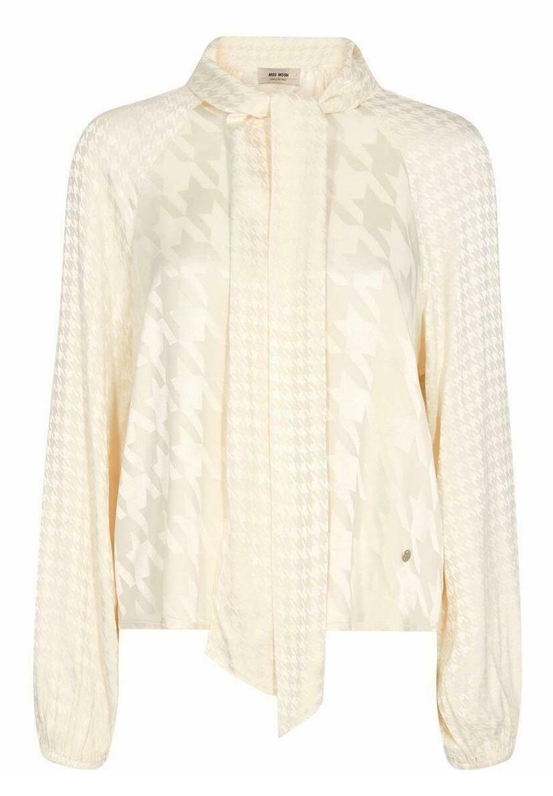 Blouse crème à manches longues avec motif pied-de-poule subtil, col montant avec cravate attachée et poignets élastiques.