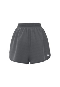 Pantalones cortos deportivos grises con cintura elástica, corte holgado y un sutil patrón texturizado. Presentan un logo en la parte inferior derecha.