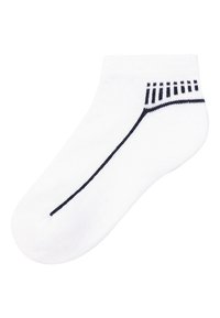 Chaussette blanche jusqu'à la cheville avec des accents à motifs navy le long du haut et du côté, présentant une texture lisse et un ajustement serré.