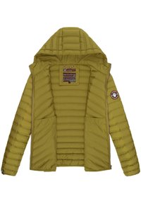 Olijfgroene pufferjack met capuchon, met een gewatteerd ontwerp, twee grote voorzakken en een merklabel aan de binnenkant van de kraag.