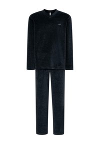 Conjunto de loungewear de terciopelo suave en azul oscuro, compuesto por una camiseta de manga larga con escote en V y pantalones a juego que incluyen bolsillos laterales y un corte relajado.