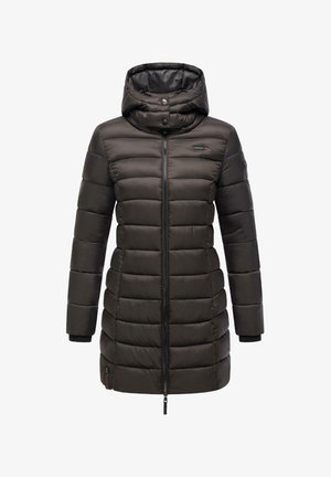 Tumepruun paks jaki, millel on kapuuts, esi tõmblukk, horisontaalsed õmblused, küljetaskud ja elastsed mansetid varrukaotstes.