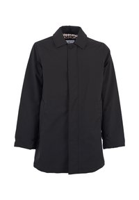 Cappotto impermeabile nero con silhouette lunga, chiusura a bottoni e colletto. L'interno presenta un tessuto a quadri per un tocco di dettaglio in più.