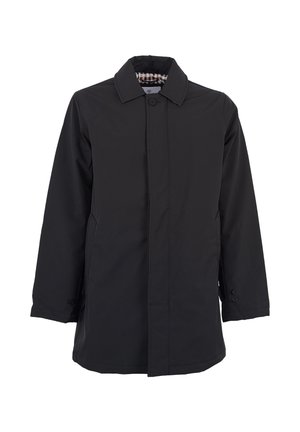 Cappotto impermeabile nero con silhouette lunga, chiusura a bottoni e colletto. L'interno presenta un tessuto a quadri per un tocco di dettaglio in più.