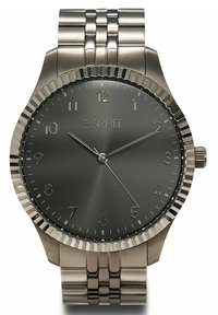 Edelstahlarmbanduhr mit grauem Ziffernblatt, silberfarbenen Stundenmarkierungen und einer geriffelten Lünette. Verfügt über ein Metallarmband und ein minimalistisches Design.