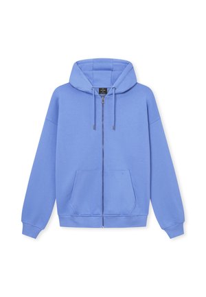Jasnoniebieska bluza rozpinana z miękkiego materiału, z kapturem, sznurkami oraz przednią kieszenią kangurką. Długie rękawy i ściągacze na mankietach.