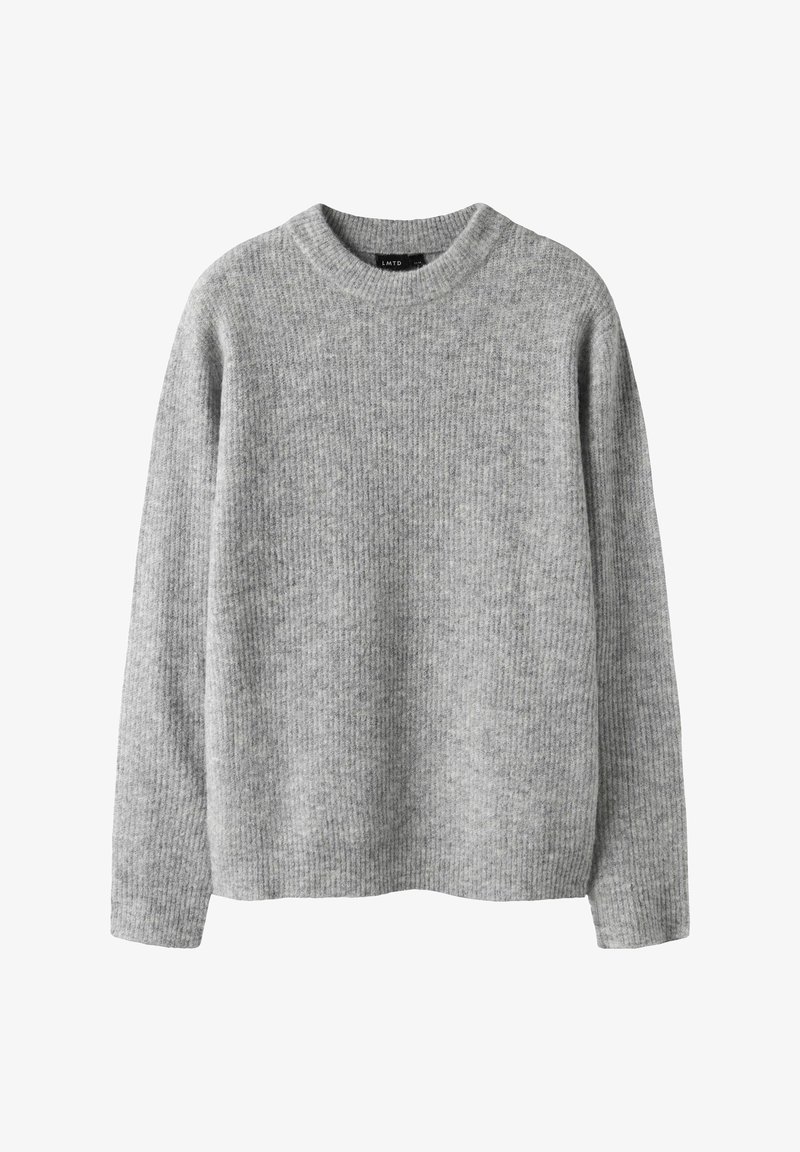 Maglione grigio a coste con scollatura rotonda e maniche lunghe, realizzato in materiale morbido. Presenta una vestibilità rilassata senza decorazioni apparenti.
