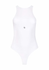 White bodysuit with a high neck and sleeveless design. Features a subtle logo centered below the neckline, made from smooth fabric.