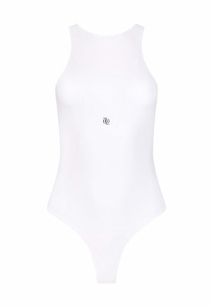 White bodysuit with a high neck and sleeveless design. Features a subtle logo centered below the neckline, made from smooth fabric.