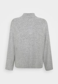 Szara, długa bluzka z wysokim kołnierzem wykonana z miękkiego, teksturowanego materiału. Luźny fason z prostym dołem oraz bez widocznych szwów z tyłu.