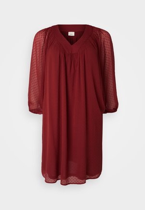 Burgundy, short-sleeve dress with a V-neck, made of sheer fabric with a textured polka dot pattern. Features gathered detailing at the neckline.