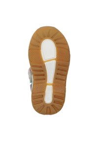 Schoenenzool met een lichtbruine rubberen basis, gegroefd voor grip, met een witte tussenzool en een symmetrisch patroon van groeven en lijnen.