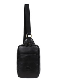 Borsa a tracolla nera in pelle con superficie texture, tasca frontale e tracolla regolabile. Presenta accenti in metallo dorato e una base arrotondata.