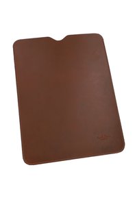 Brown leather tablet or notebook cover with stitched edges and a small embossed logo in the bottom right corner.