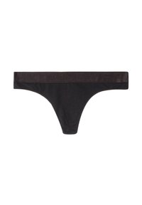 Zwarte katoenen string met een matte tailleband met geperst logo, driehoekige vorm en een gladde textuur overal.