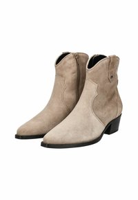 Bottines en suède beige, avec des pointes effilées, des fermetures éclair sur les côtés et des talons noirs, présentant une couture décorative subtile sur les côtés.