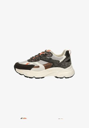Sneaker chunky dans des tons beige, noir et marron. Doté d'un dessus en maille et en daim, d'accents texturés et de lacets orange vif. Semelle blanche épaisse.