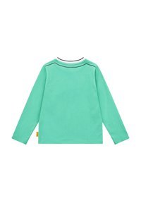 Langarm t-shirt in mintgroene katoen, met een contrasterende witte halslijn en zwarte stiksels langs de schoudernaden.