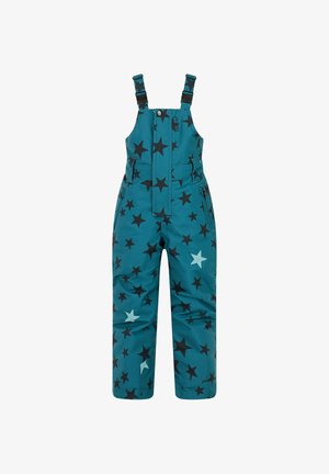 Blauwgroene tuinbroek met een sterpatroon in zwart-wit, voorzien van verstelbare bandjes, een ritssluiting aan de voorkant en zijzakken. Zachte, duurzame stof.