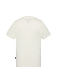 Korte mouwen, ronde hals t-shirt in gebroken wit, met een zachte textuur en een klein logo detail aan de onderzijde. Eenvoudig ontwerp, geen patronen.