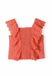 Korallfärgad topp med volangärmar och ögla broderi. Rynkad bodice för flexibilitet. Mjuk bomullsmaterial. Lätt och ventilerande design.