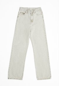 Jeans grigi chiari a vita alta in denim, con un design a gamba dritta, tasche frontali e leggere sfumature; hardware minimale.