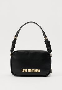 Black faux leather handbag with braided black and gold-accented handle; features "LOVE MOSCHINO" logo in bold gold lettering on front.