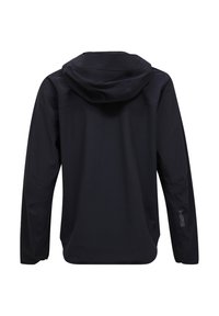 Giacca nera a maniche lunghe con cappuccio attaccato, vista da dietro, con dettagli di cuciture sottili e un piccolo logo sulla manica sinistra.