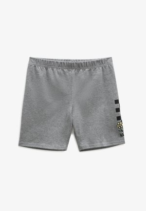 Pantalones cortos de cintura elástica gris con franjas de tablero de ajedrez negras y un pequeño gráfico de flor amarilla en la parte inferior de la pierna derecha.