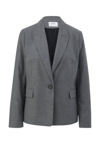 Šedý zapasovaný blejzr s jedním černým knoflíkem, klopovými límci, dvěma předními kapsami a hladkou texturou. Vnitřní podšívka je černá.