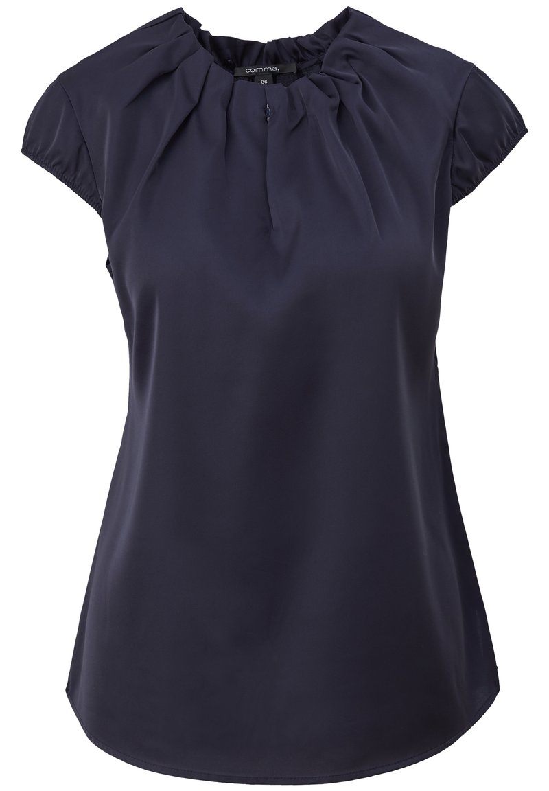 Blusa blu navy a maniche corte realizzata in tessuto morbido, con scollatura arricciata e orlo arrotondato per una vestibilità comoda.