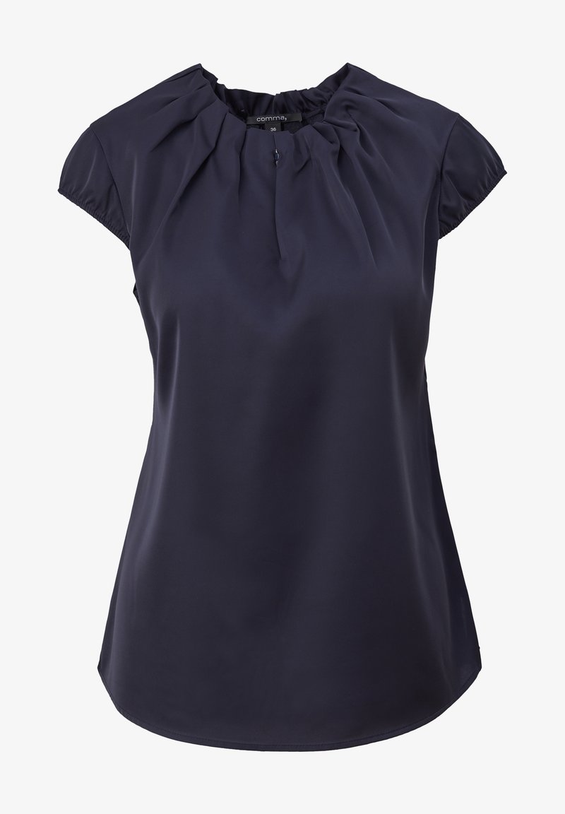 Blusa blu navy a maniche corte realizzata in tessuto morbido, con scollatura arricciata e orlo arrotondato per una vestibilità comoda.