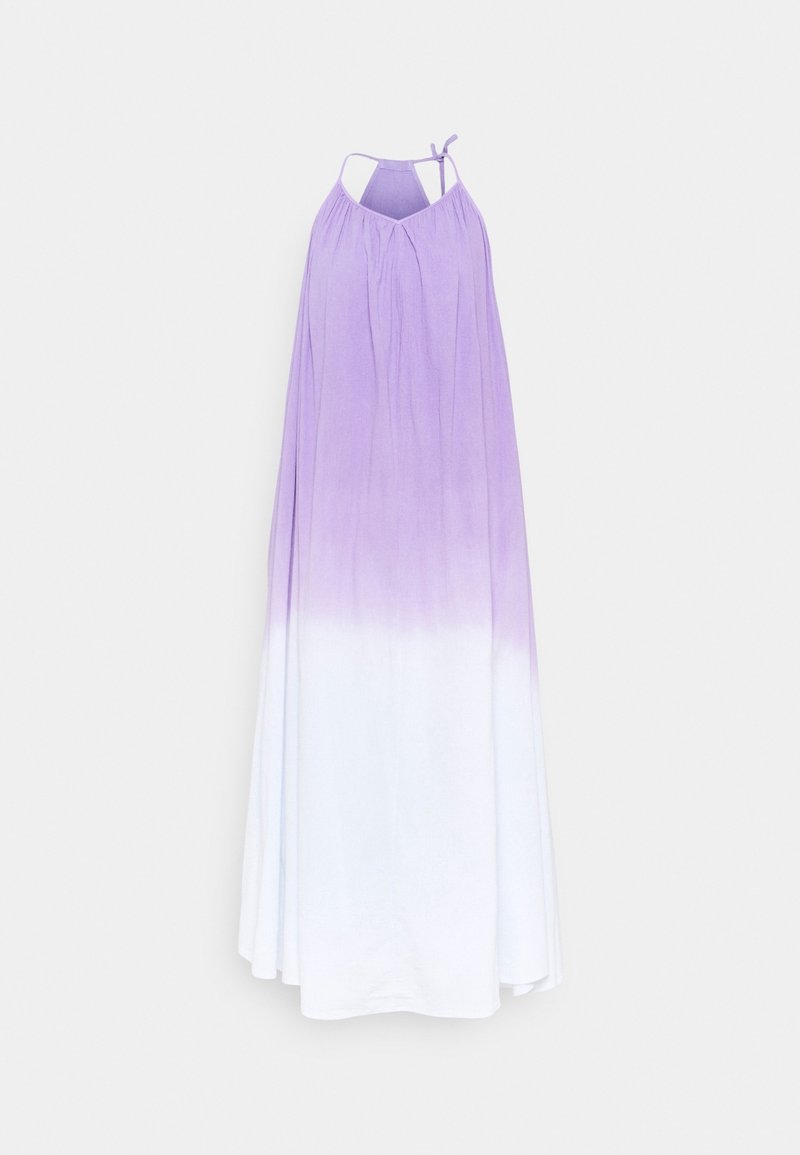 Hihaton mekko, jossa on halterneck-tyyli, ja purppurasta valkoiseen menevä ombre-väri. Kevyestä kankaasta valmistettu, laskeutuu sulavasti.