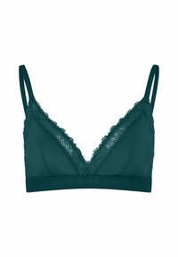Brassière teal avec bordure en dentelle sur les bonnets, tissu doux, bretelles réglables et un large bandeau arborant un logo. Texture lisse.
