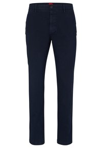 Navy blue chinos made from cotton, featuring a straight cut, button closure, and classic five-pocket design. Smooth texture with no patterns.