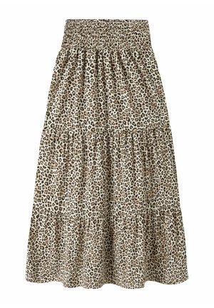 Midi sukňa na stupňovité vrstvy s riaseným pásom, s béžovo-hnedým leopardím vzorom.