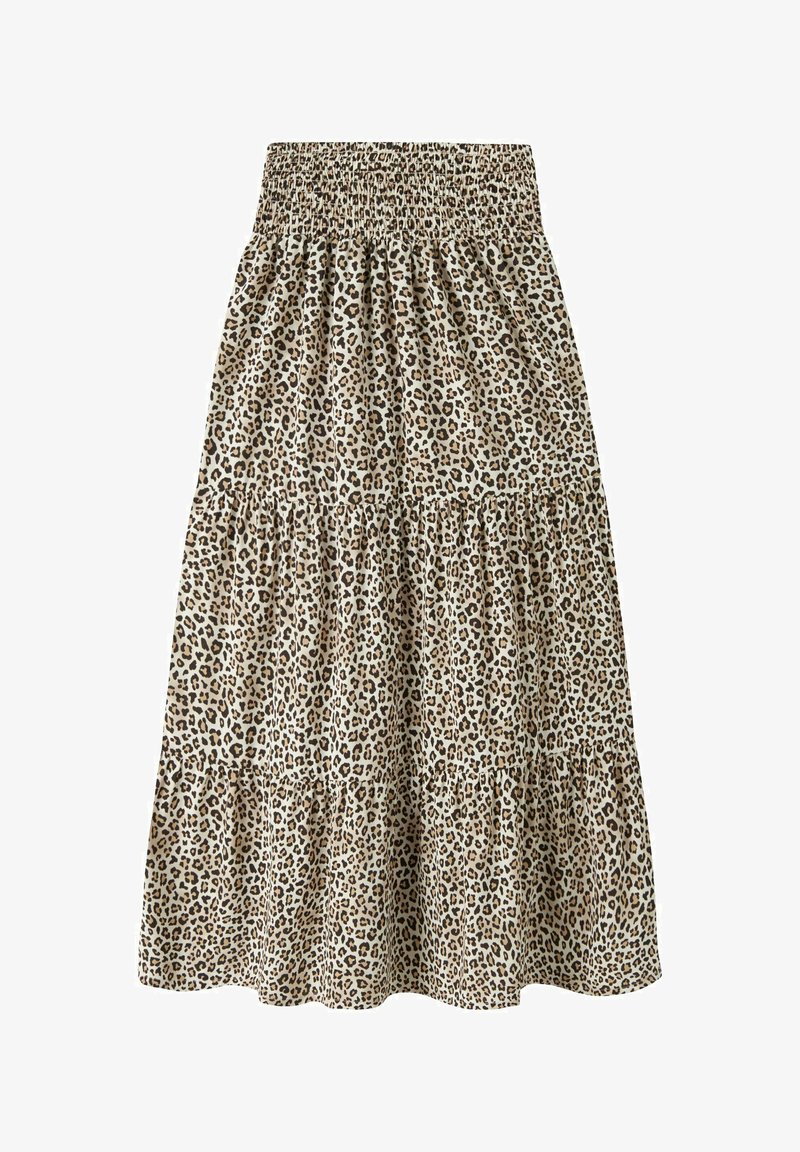 Midi sukňa na stupňovité vrstvy s riaseným pásom, s béžovo-hnedým leopardím vzorom.