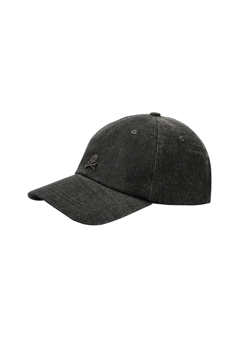 Gorra de color gris oscuro hecha de una tela texturizada, con visera curva y un logo de calavera y huesos cruzados bordado en la parte frontal.