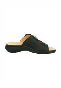 Schwarze Leder-Sandale mit offenem Zehenbereich, geschwungener Form und strukturiertem Design. Verfügt über eine beige Innensohle und eine schwarze Gummisohle.